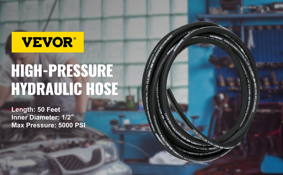 VEVOR hydraulic hose 50-foot, 1/2” inner diameter, 5000 psi max pressure in workshop background.