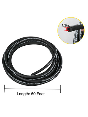 VEVOR hydraulic hose, 50 feet long, 1/2 inch diameter, black color.