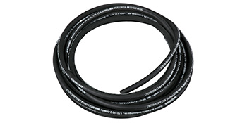 VEVOR hydraulic hose coiled, black, with white text detailing specifications.