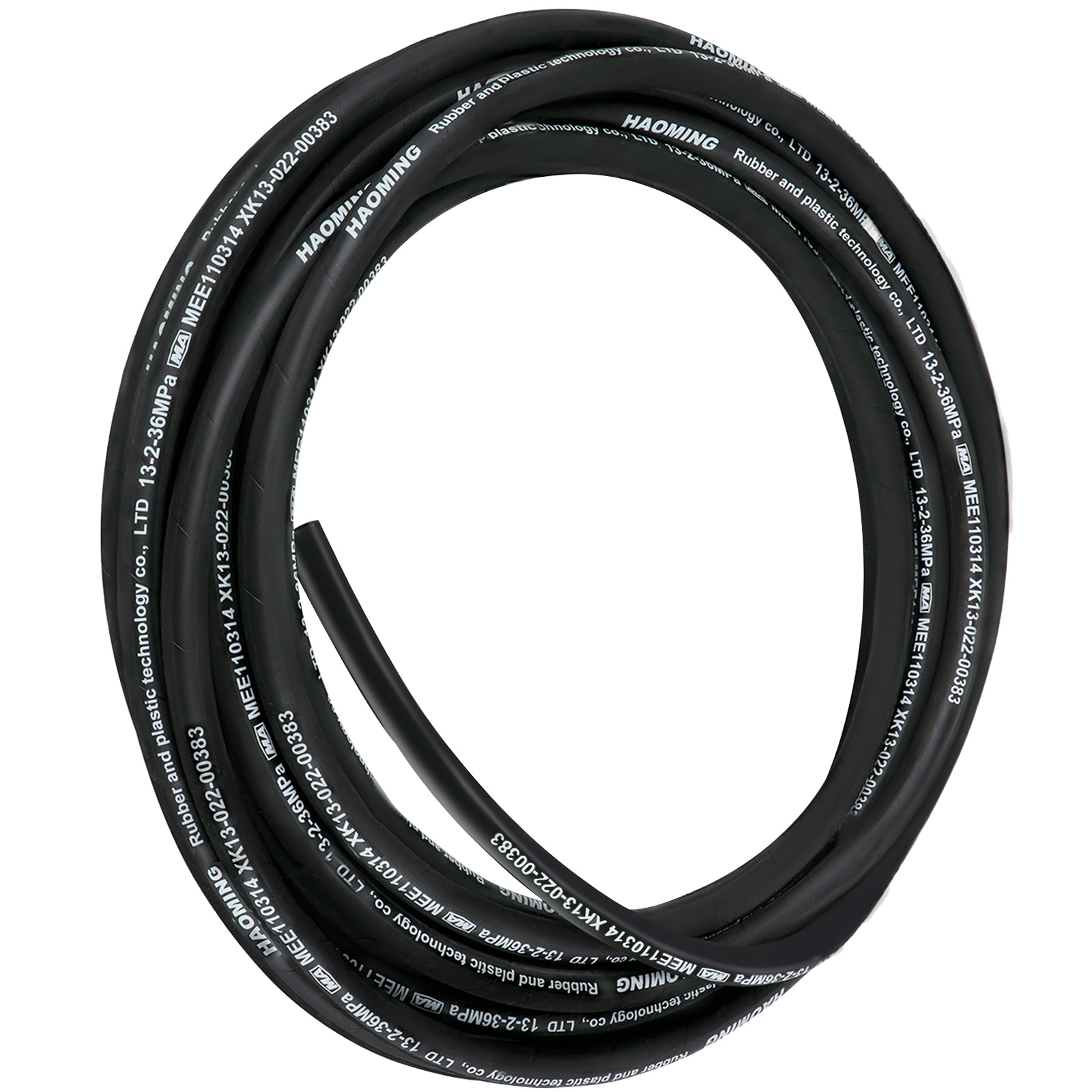 coiled VEVOR hydraulic hose in black with white labeling.