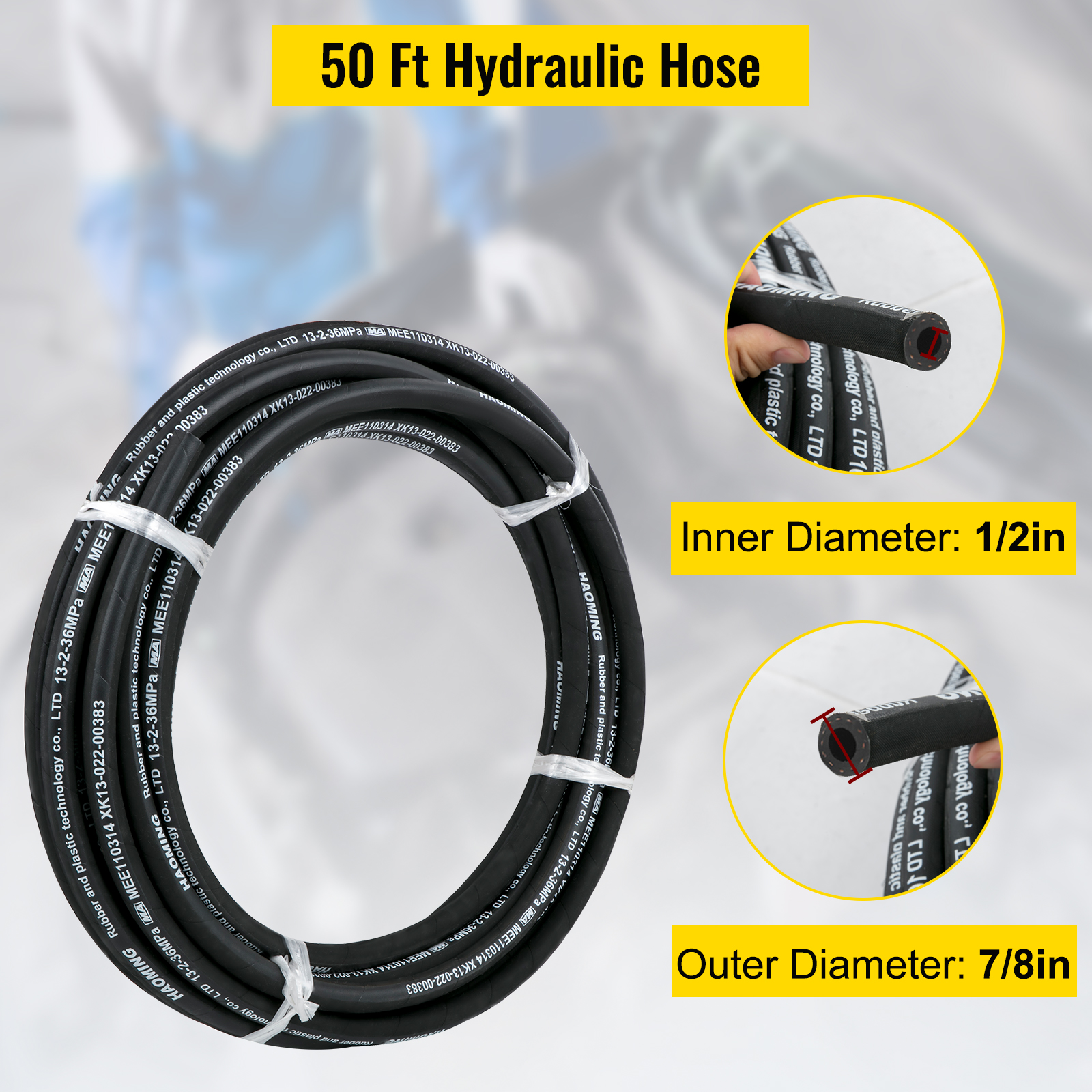 VEVOR hydraulic hose, 50 ft length, 1/2 in inner diameter, 7/8 in outer diameter.