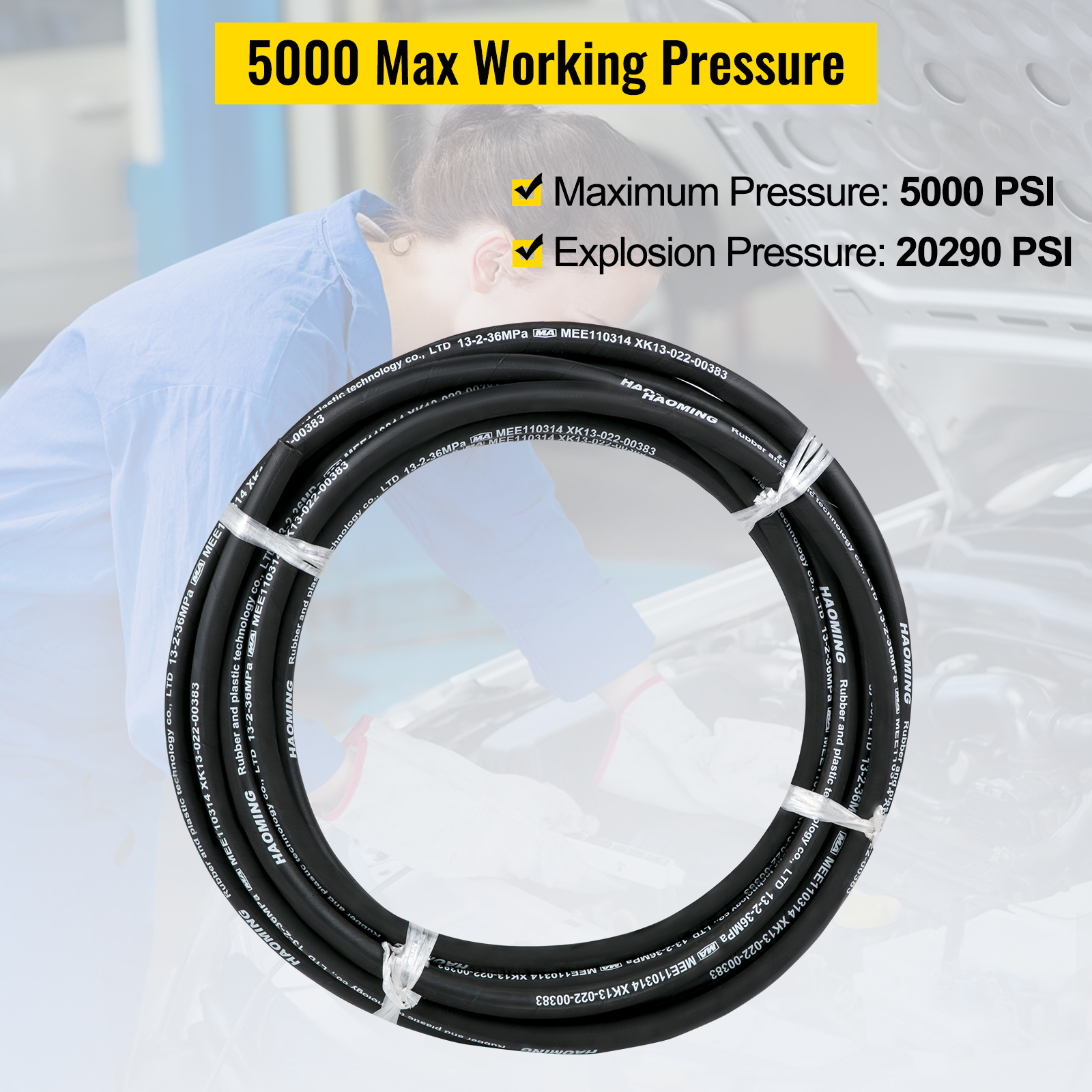 VEVOR hydraulic hose coiled with max pressure of 5000 psi and explosion pressure of 20290 psi.