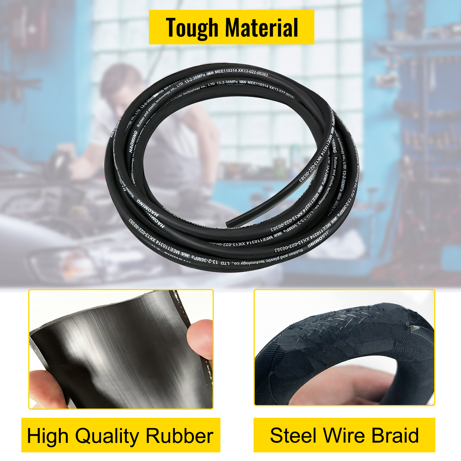 VEVOR hydraulic hose with steel wire braid, featuring high quality rubber for toughness.