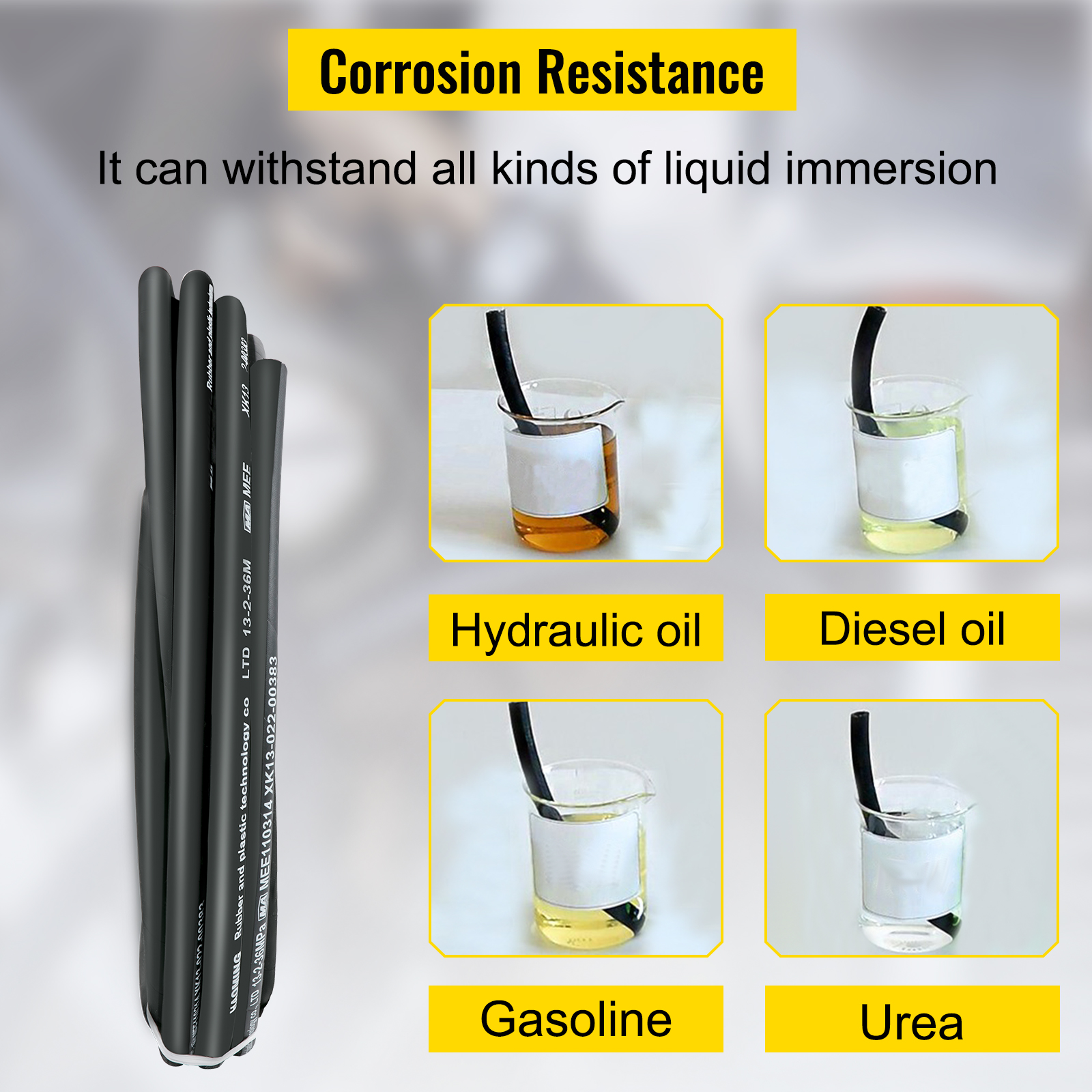 VEVOR hydraulic hose showcasing corrosion resistance in various liquids.