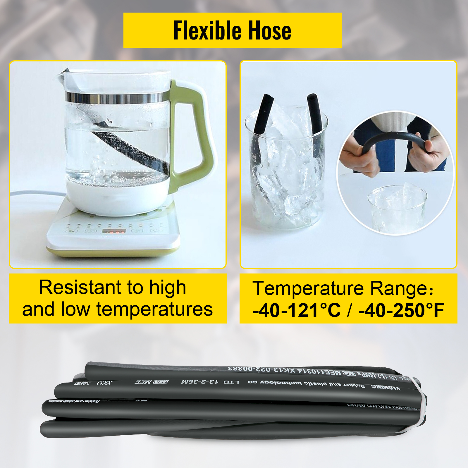 VEVOR hydraulic hose: flexible, resistant to extreme temperatures from -40°c to 121°c.