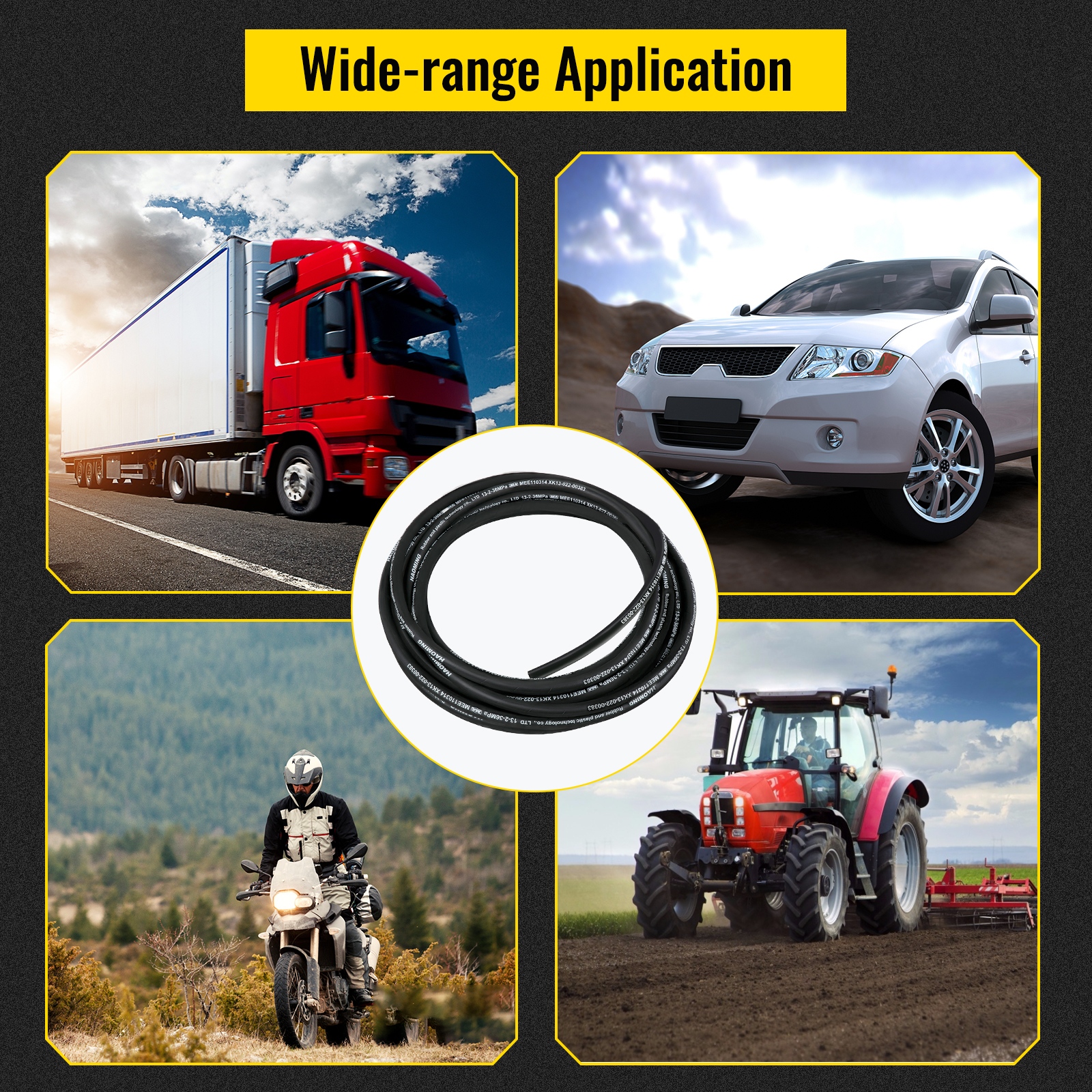 wide-range application of VEVOR hydraulic hose for trucks, cars, motorcycles, and tractors.