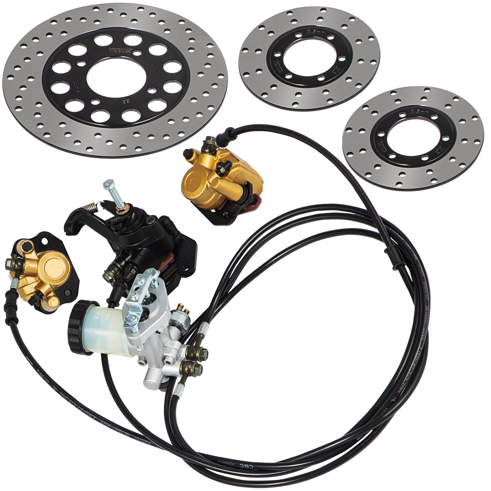 VEVOR go-kart brake master cylinder kit with rotors, calipers, and cables.