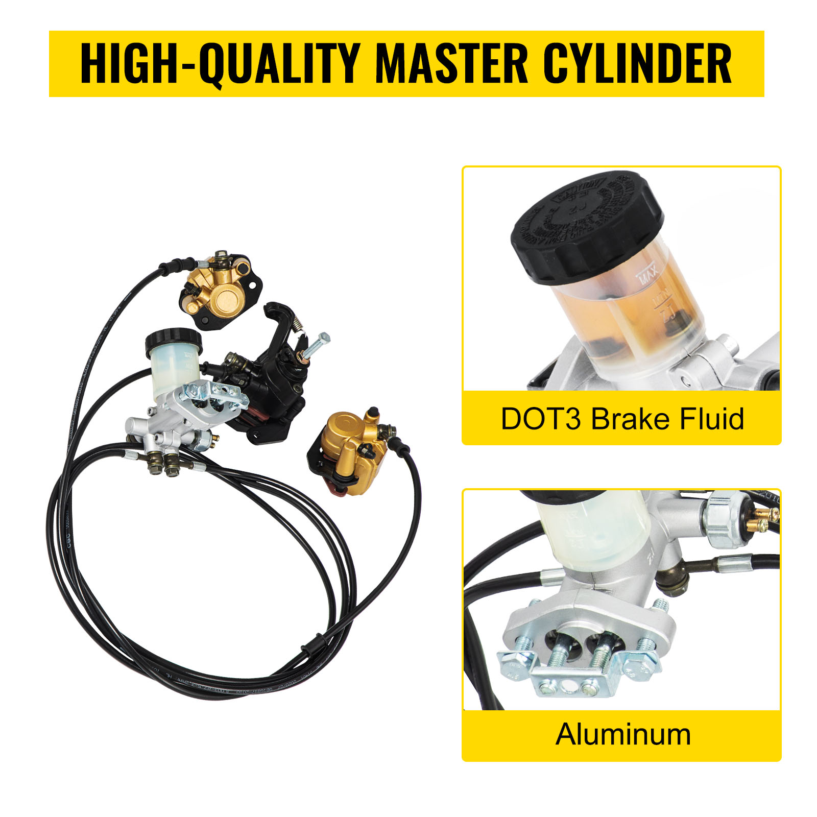 VEVOR go-kart brake master cylinder kit with dot3 brake fluid and aluminum components.
