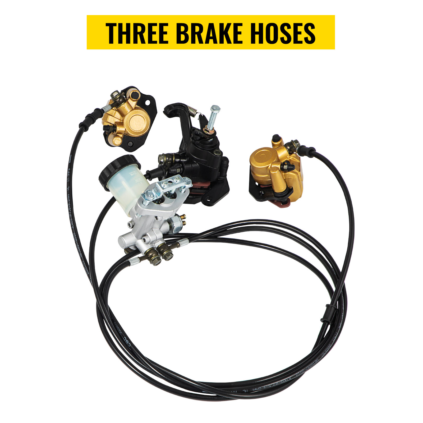 VEVOR go-kart brake master cylinder kit with three hoses and gold components.
