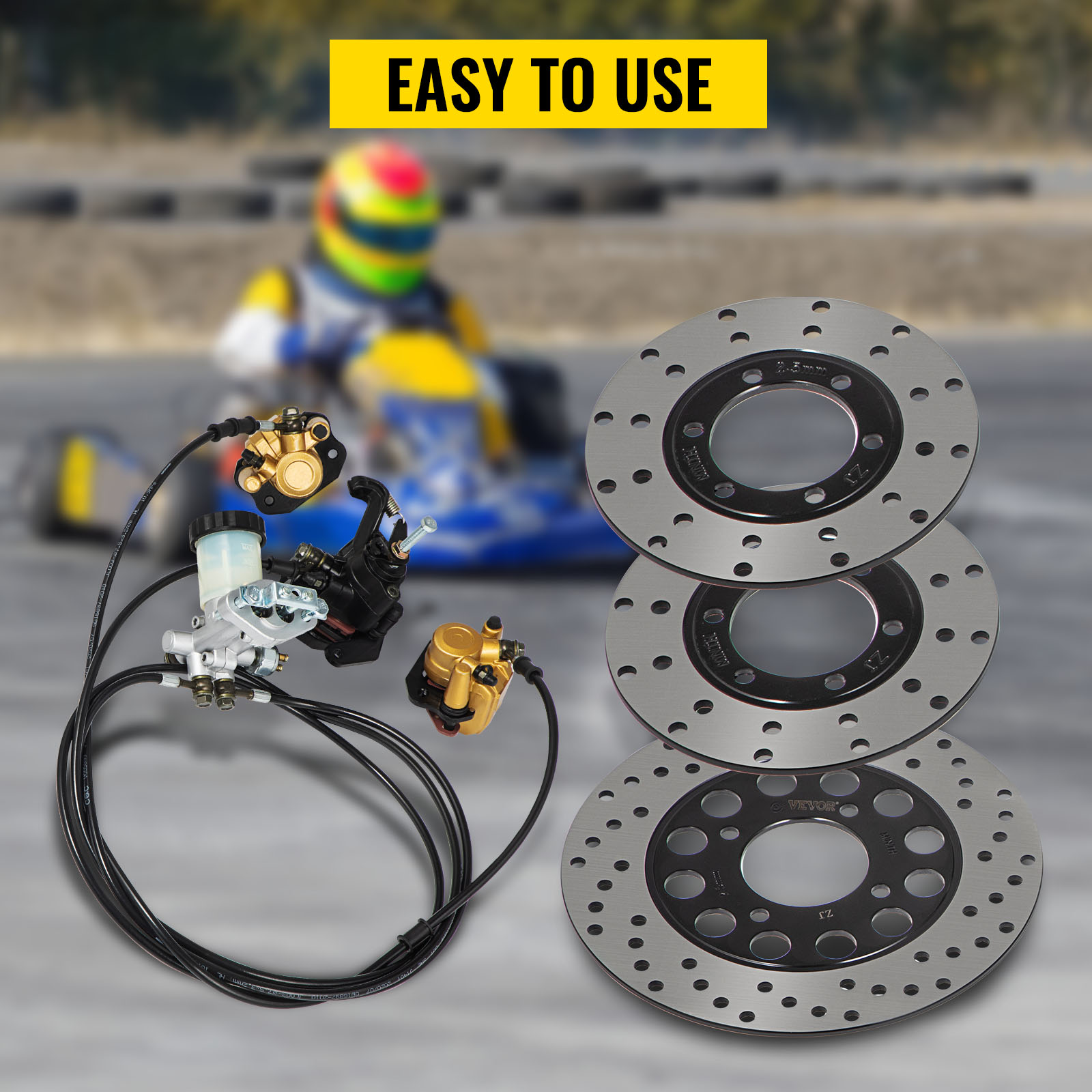 VEVOR go-kart brake master cylinder kit with discs, go-kart racer in the background.