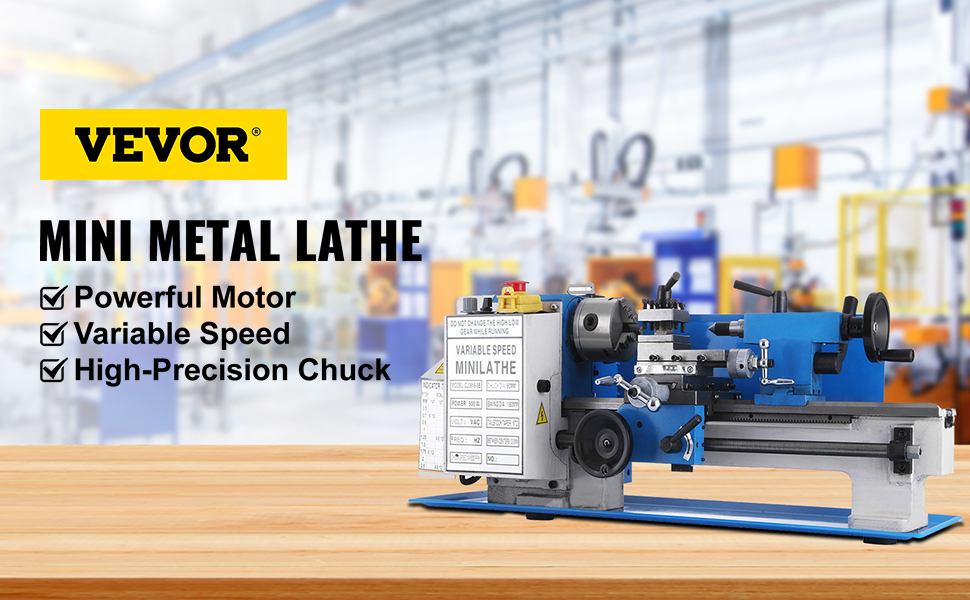 VEVOR mini metal lathe with powerful motor, variable speed, and high-precision chuck.