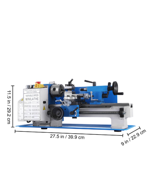 VEVOR mini metal lathe with measurements, blue and silver design.