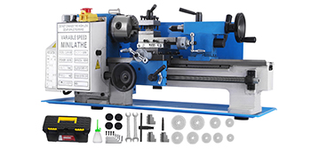VEVOR mini metal lathe displayed with tool kit and accessories.