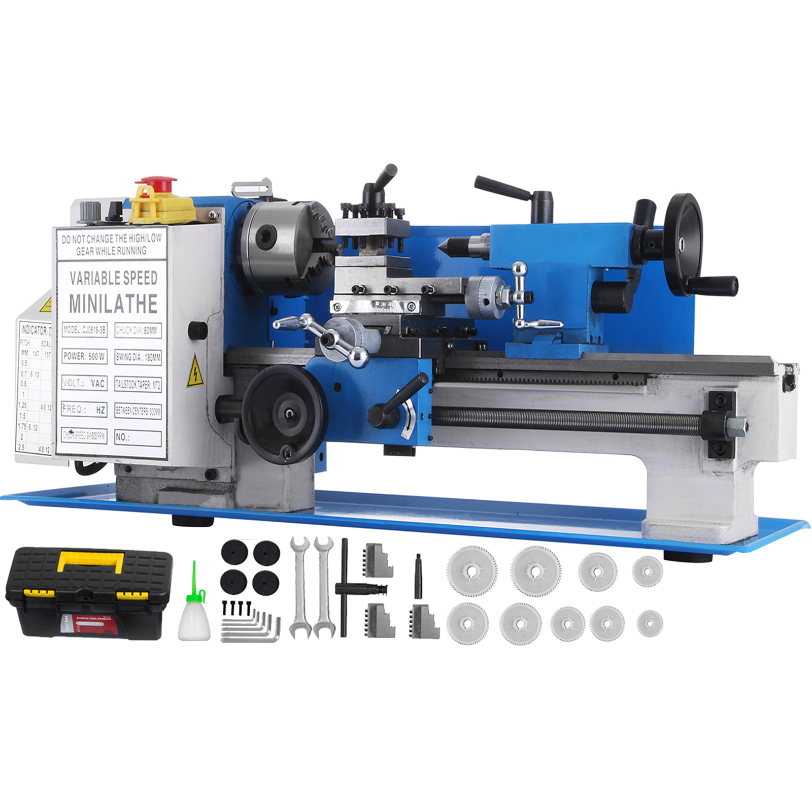 VEVOR mini metal lathe with variable speed and complete accessory set.