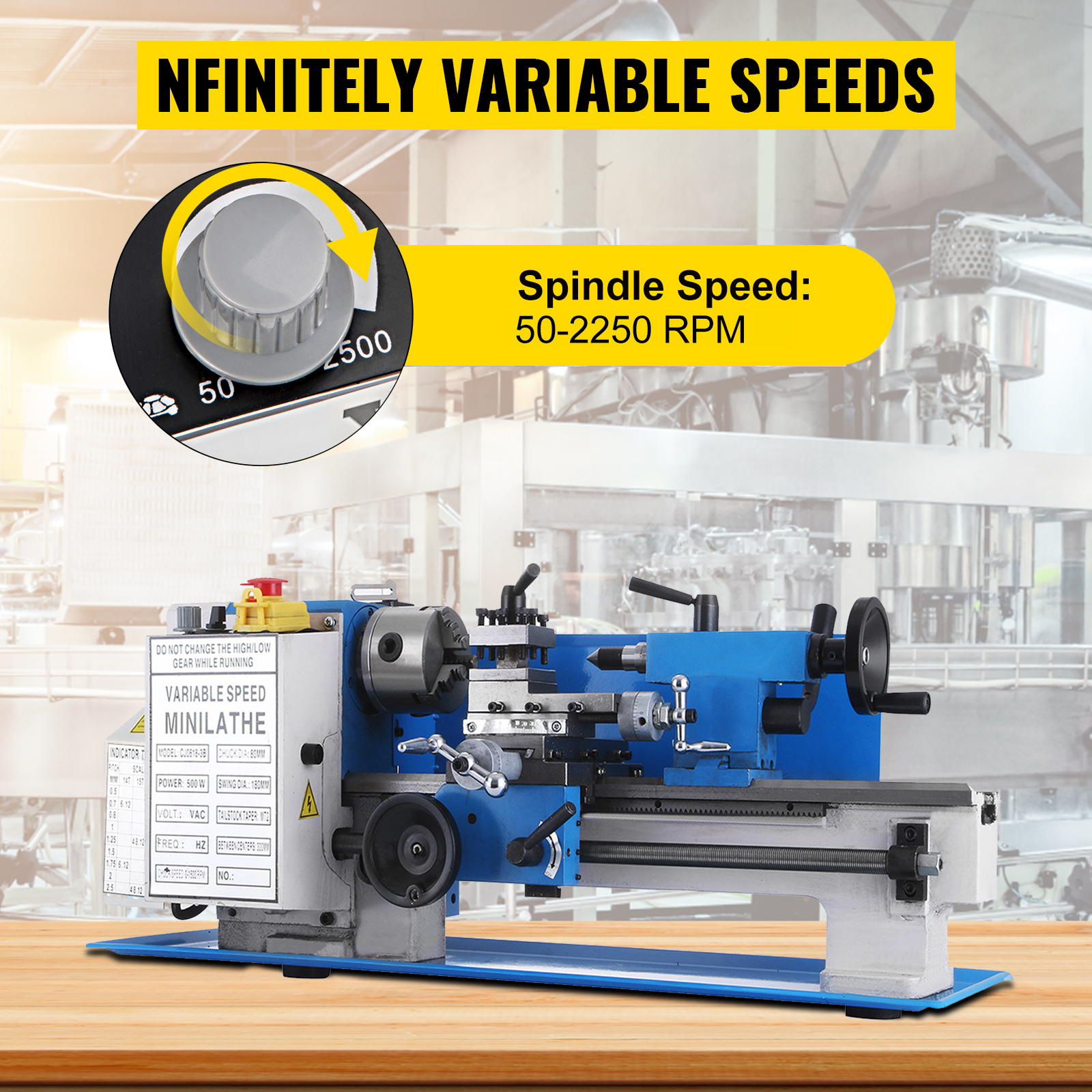 VEVOR mini metal lathe with infinitely variable speeds, spindle speed 50-2250 rpm.