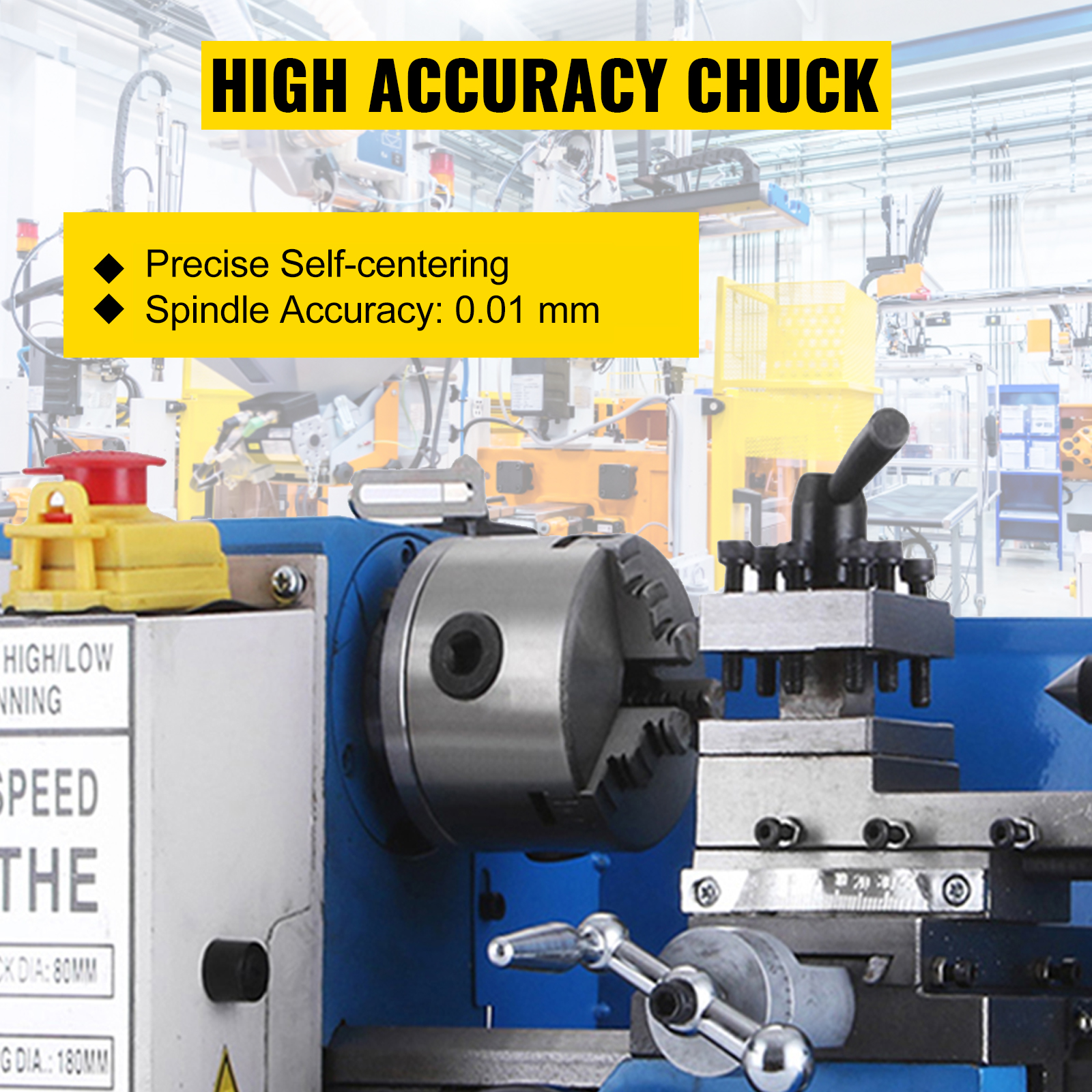 VEVOR mini metal lathe with high accuracy chuck and spindle accuracy of 0.01 mm.