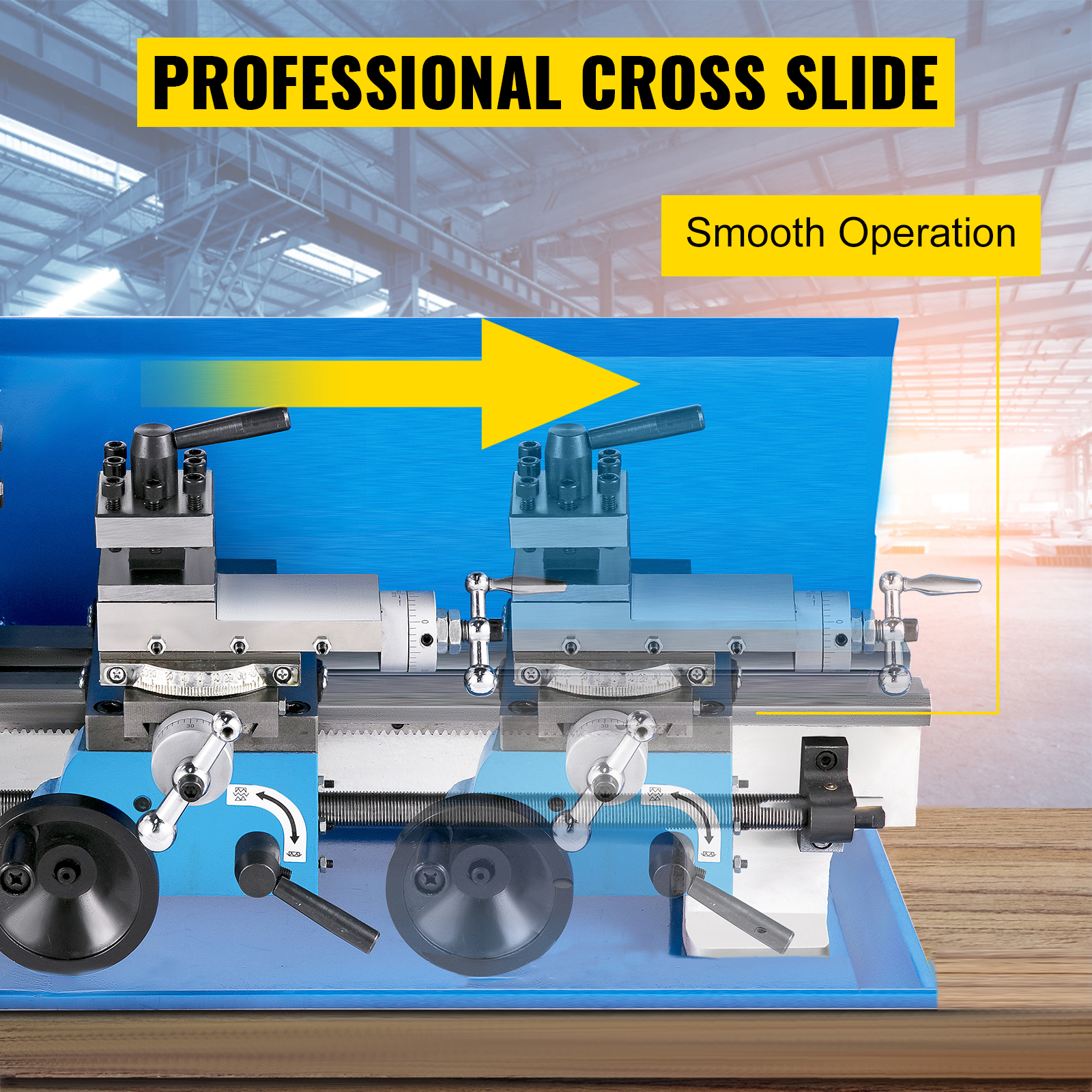 VEVOR mini metal lathe with professional cross slide, ensuring smooth operation.