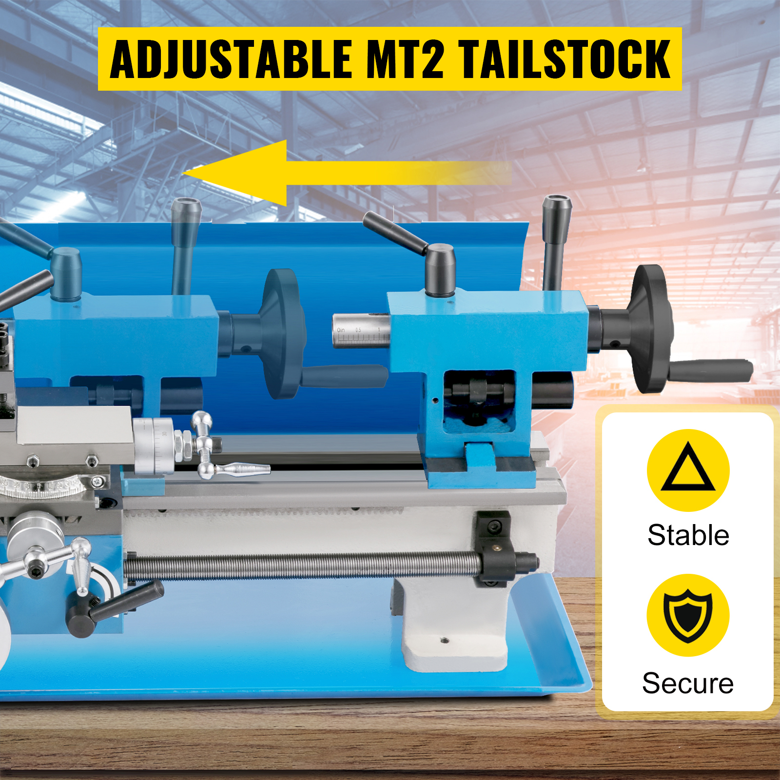 VEVOR mini metal lathe with adjustable mt2 tailstock for stable and secure operations.