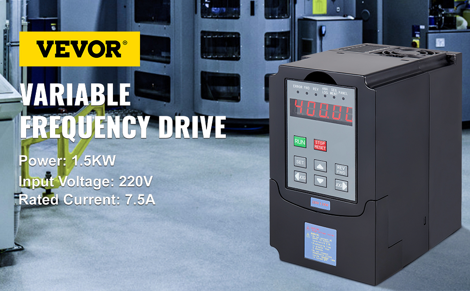 VEVOR vfd 1.5kw in an industrial setting with control panel and specifications.