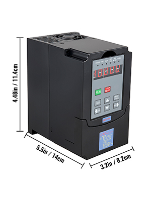 VEVOR vfd 1.5kw with measurements, control panel, and digital display.