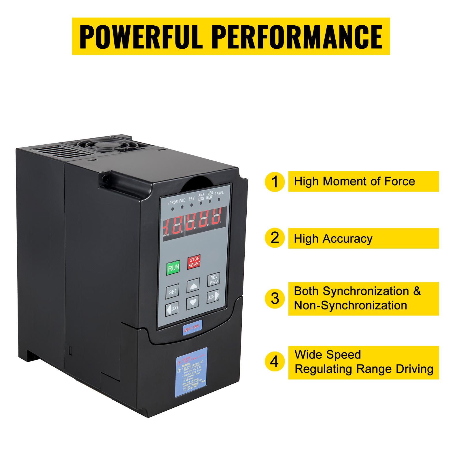 VEVOR vfd 1.5kw with display and control buttons, highlighting performance features.