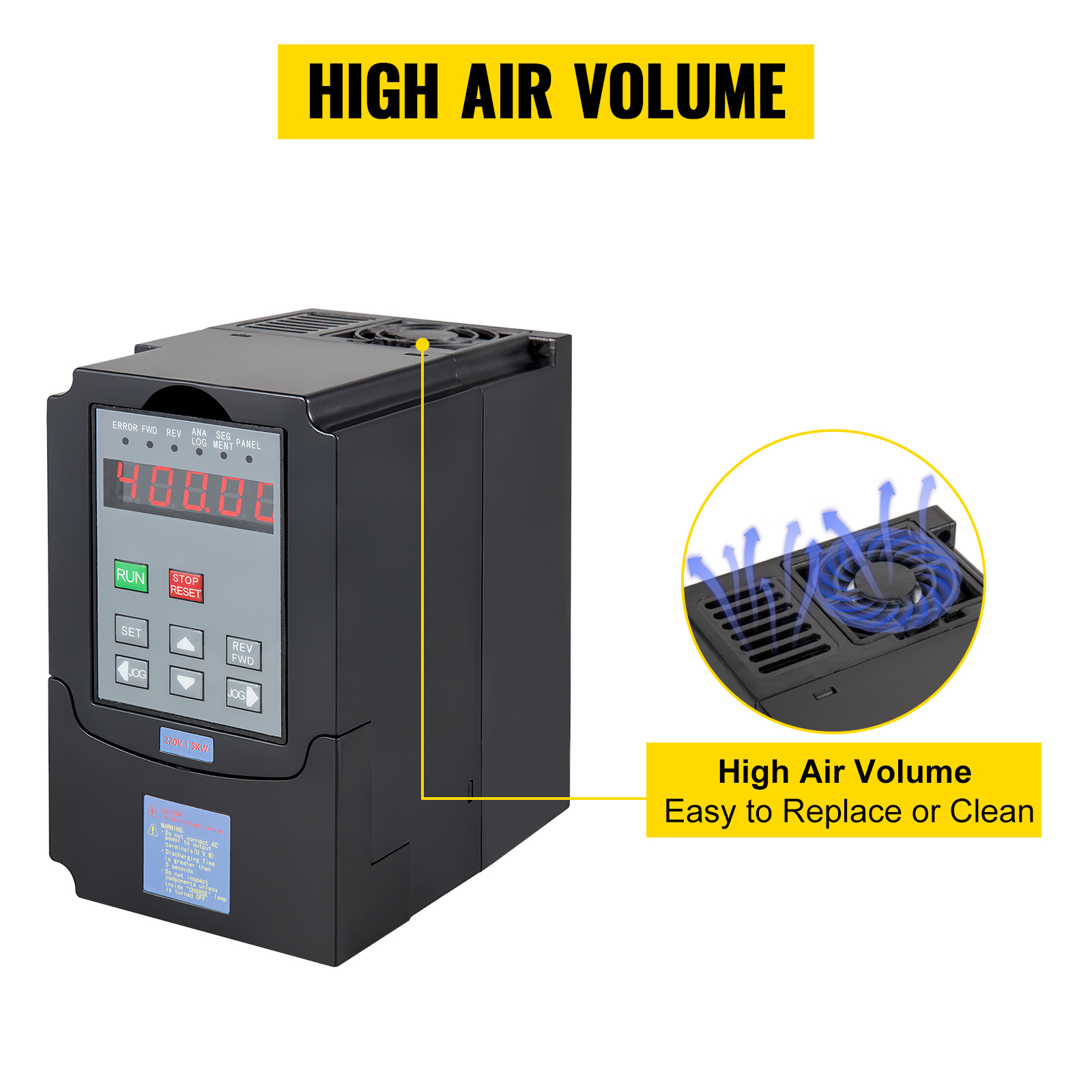 VEVOR vfd 1.5kw with high air volume for efficient cooling, easy to replace or clean.