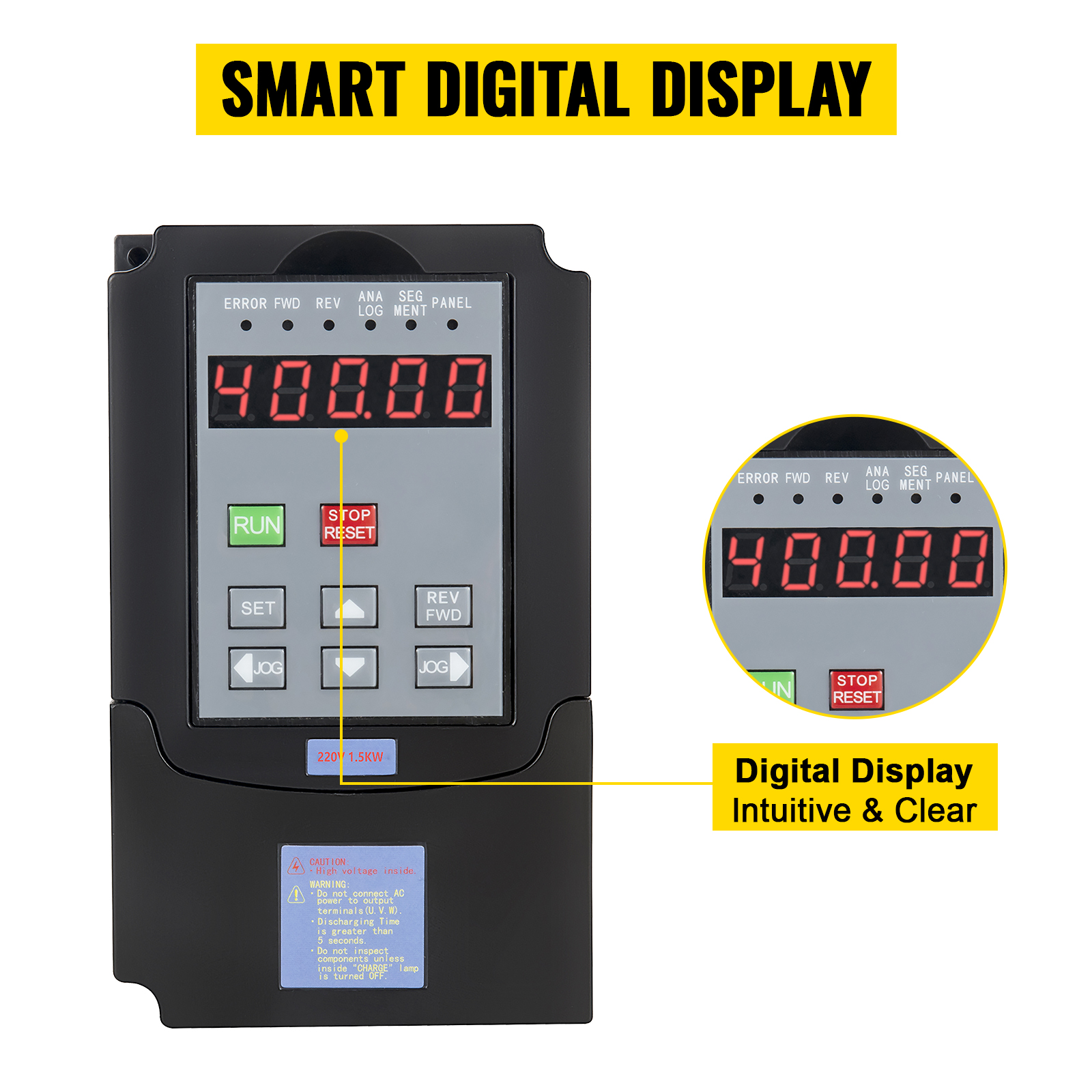 VEVOR vfd 1.5kw with smart digital display showing 400.00, intuitive and clear.
