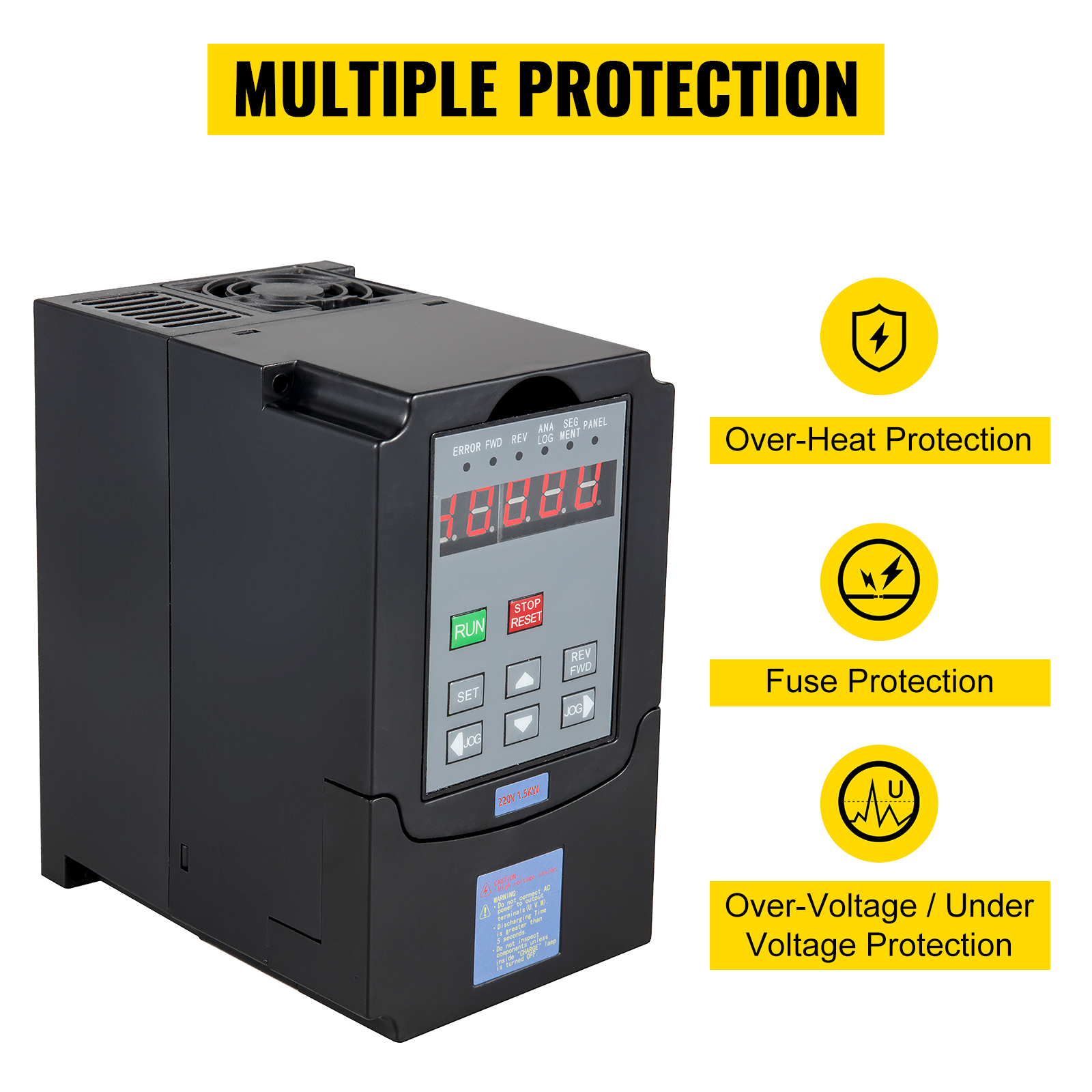 VEVOR vfd 1.5kw with multiple protection features including over-heat, fuse, and voltage protection.