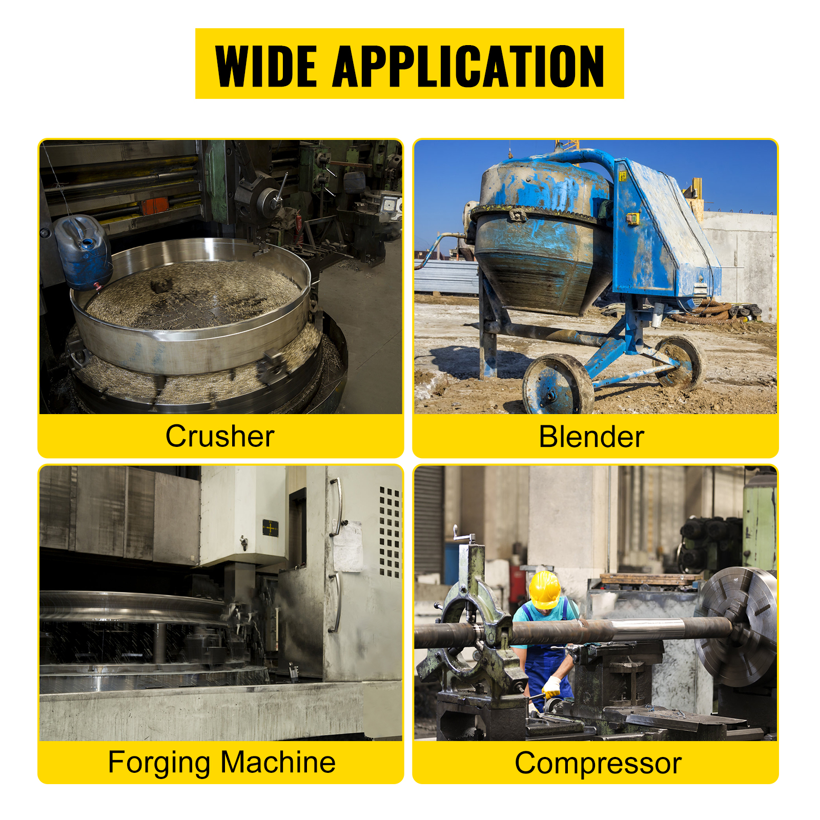 crusher, blender, forging machine, and compressor under "wide application" banner. VEVOR vfd 1.5kw.