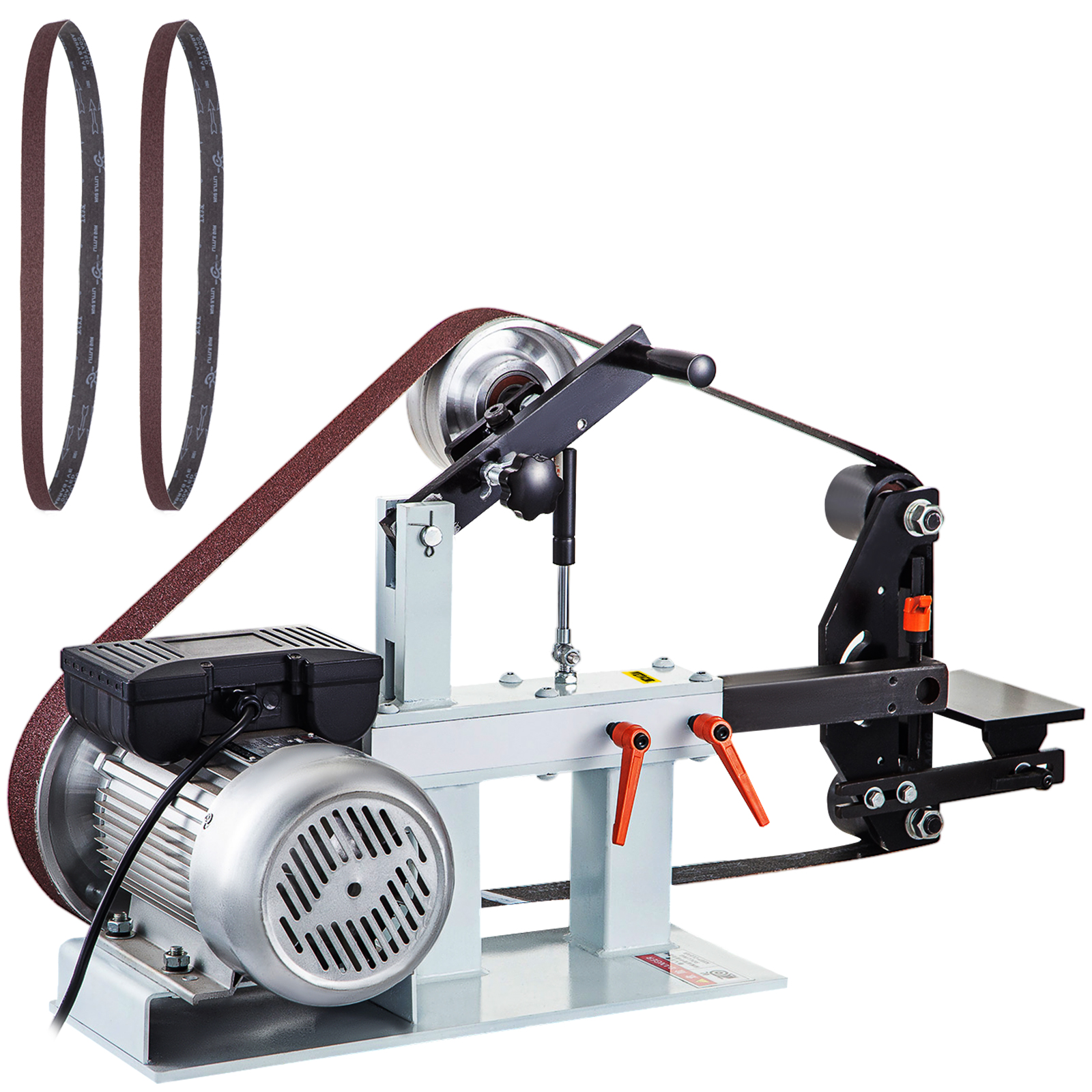 VEVOR 2hp belt grinder with sanding belts and heavy-duty motor for metalworking.