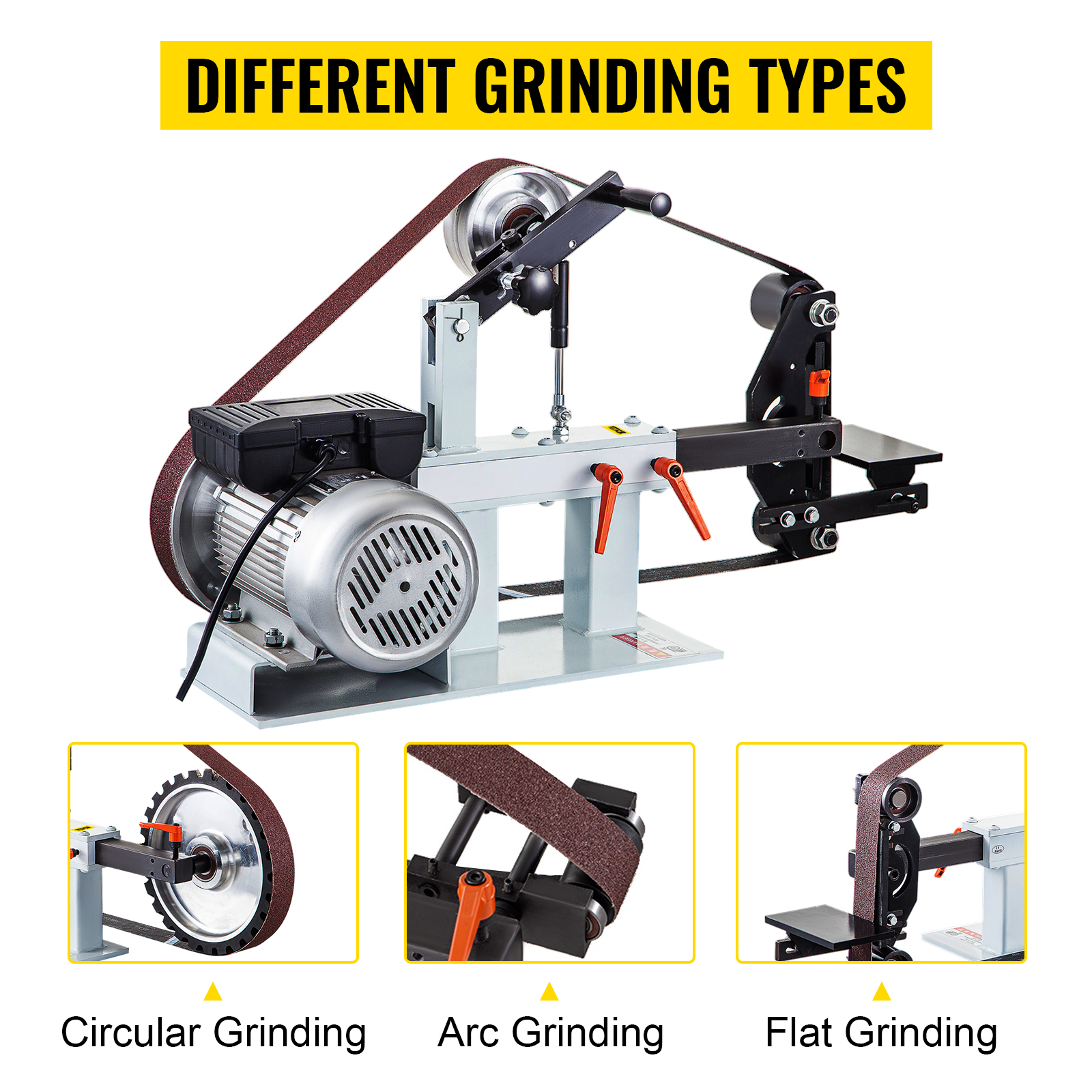 VEVOR 2hp belt grinder with circular, arc, and flat grinding functions.