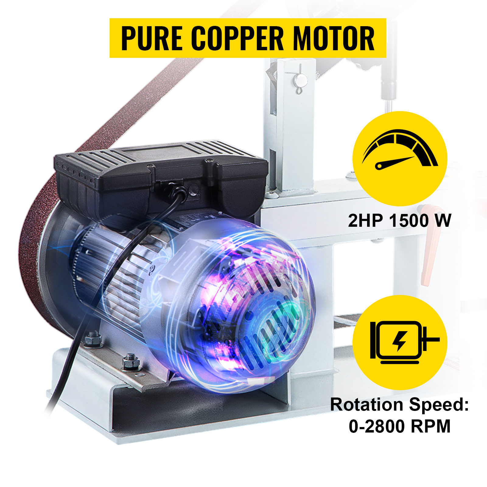 VEVOR 2hp belt grinder with pure copper motor, 2hp 1500w power, and 0-2800 rpm speed.