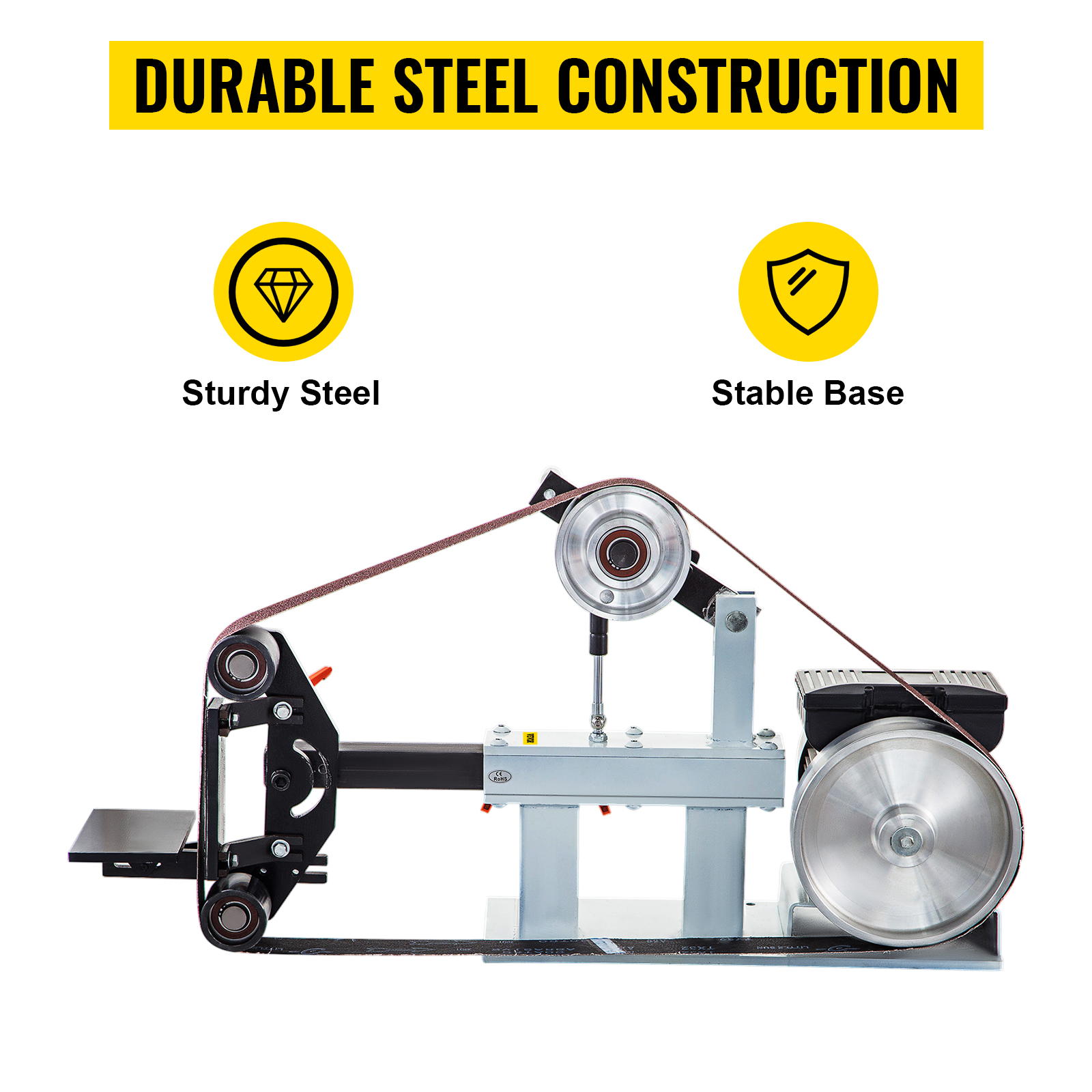 VEVOR 2hp belt grinder with durable steel construction and stable base.