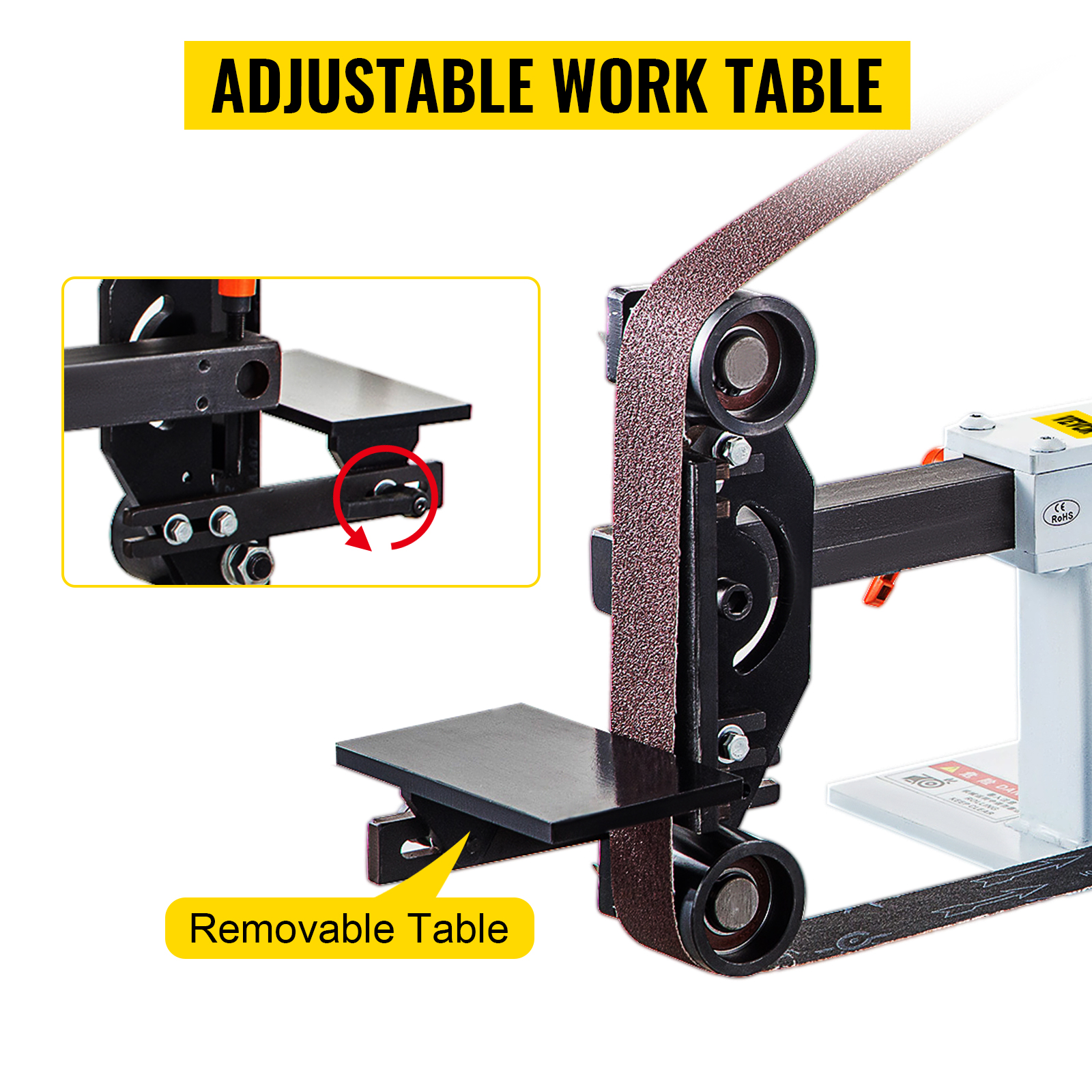 VEVOR 2hp belt grinder with adjustable and removable work table.