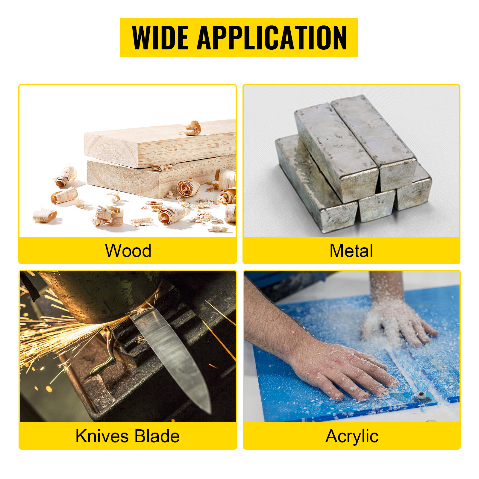 wide application of VEVOR 2hp belt grinder: wood, metal, knives blade, acrylic.