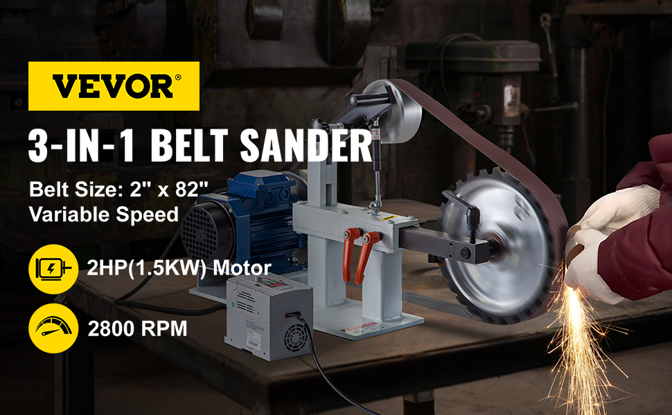 VEVOR 3-in-1 belt sander grinder with 2hp motor and 2800 rpm speed creating sparks.