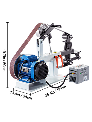 VEVOR belt sander grinder with dimensions: 35.4in x 13.4in x 19.7in.