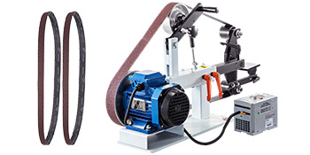 VEVOR belt sander grinder with two sanding belts, blue motor, and control box.