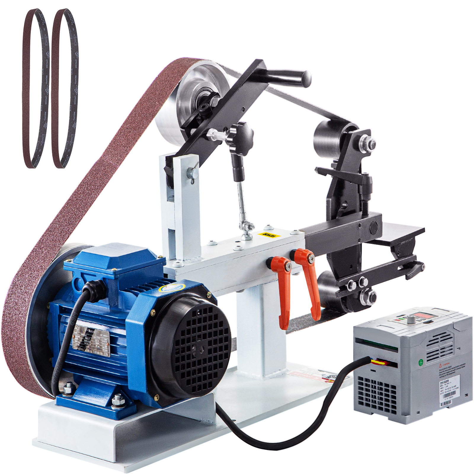 VEVOR belt sander grinder with sanding belts, blue motor, and control box.