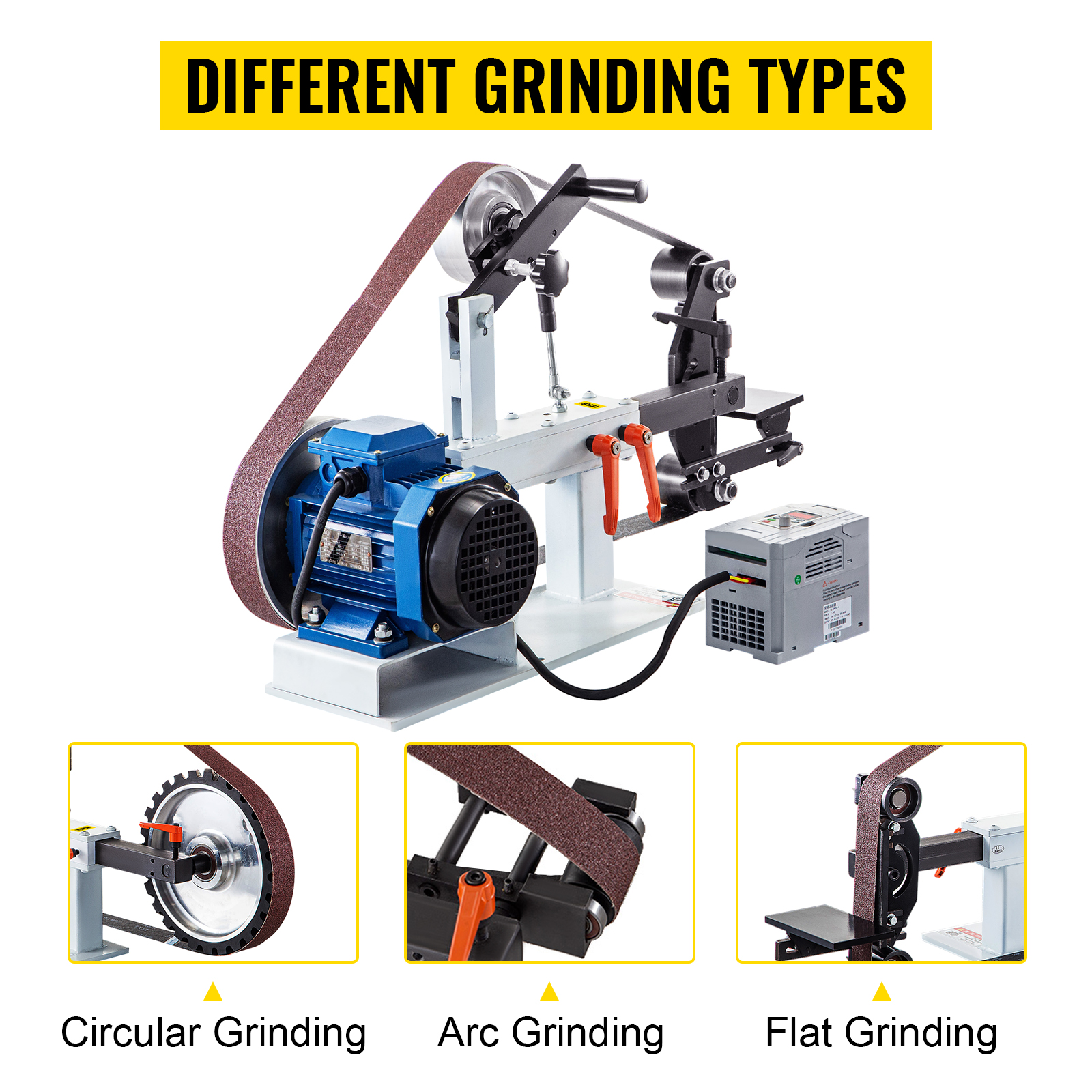 VEVOR belt sander grinder showcasing circular, arc, and flat grinding types.
