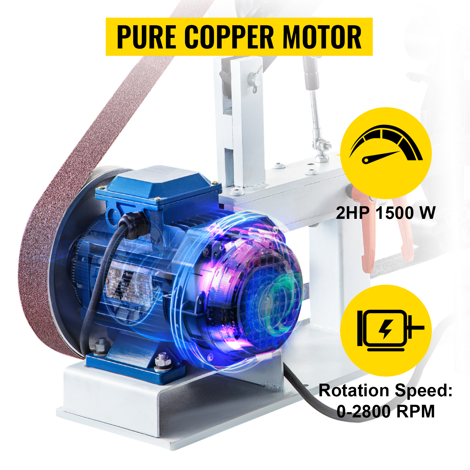 VEVOR belt sander grinder with pure copper motor, 2hp 1500w, rotation speed 0-2800 rpm.
