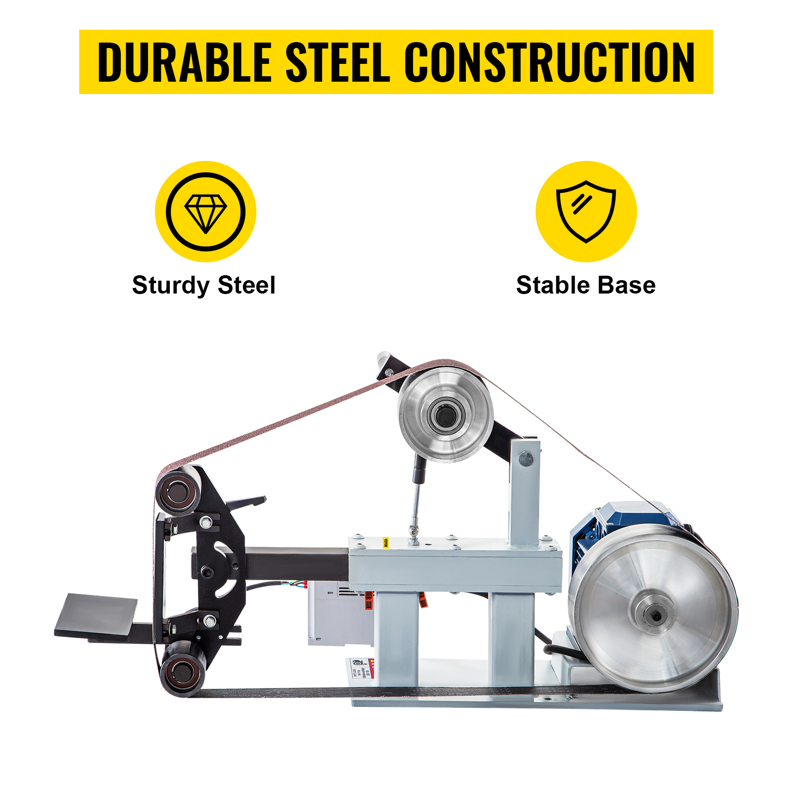 VEVOR belt sander grinder with durable steel construction and stable base.