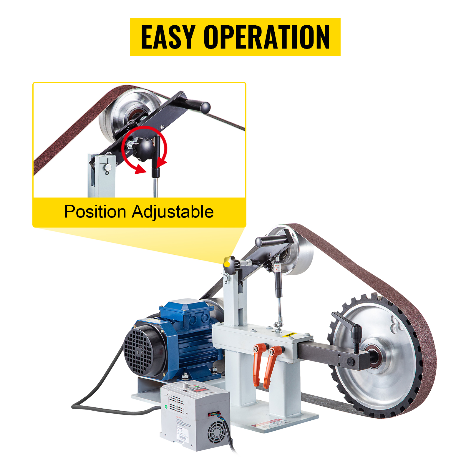 VEVOR belt sander grinder with adjustable position and easy operation.