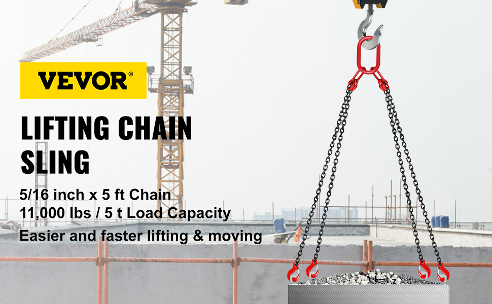 VEVOR lifting chain sling in use at a construction site with 11,000 lbs load capacity.
