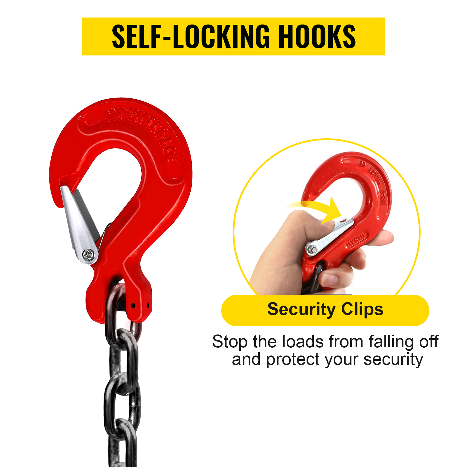 red self-locking hook with security clips on a VEVOR engine lift chain.