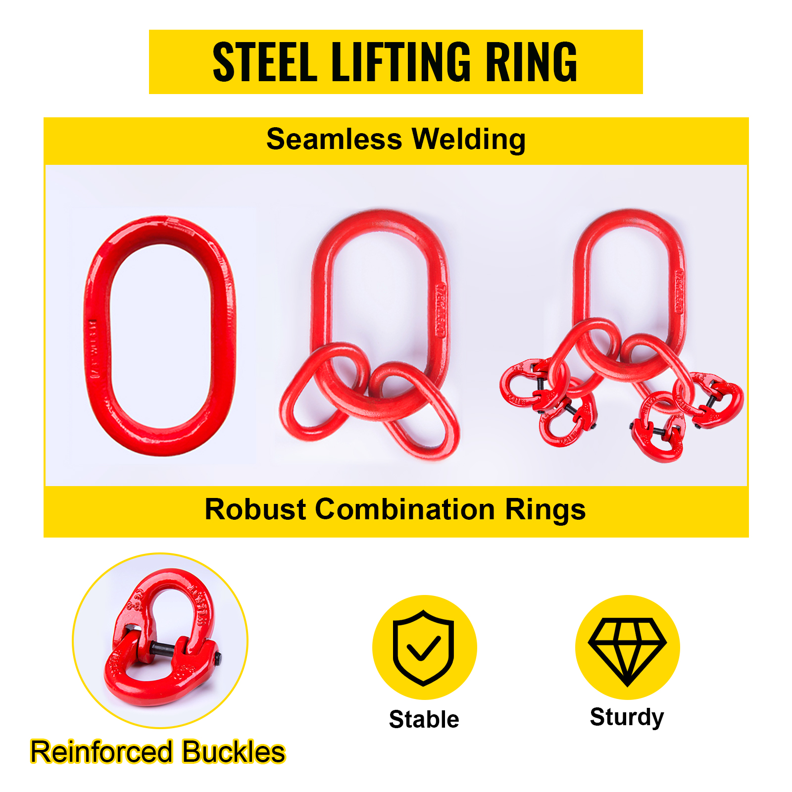 steel lifting ring with seamless welding, robust combination rings, and reinforced buckles.