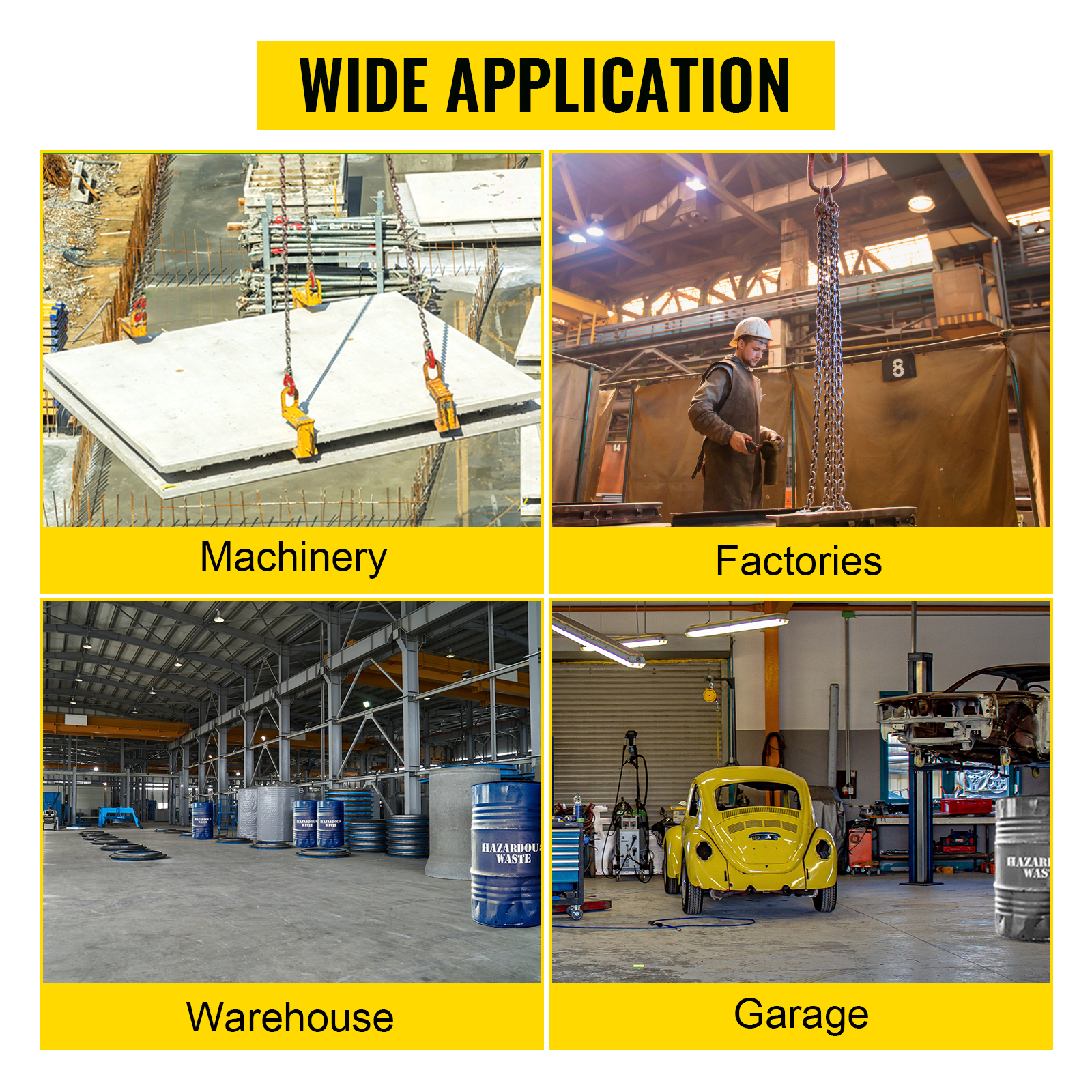 VEVOR engine lift chain used in machinery, factories, warehouses, and garages.