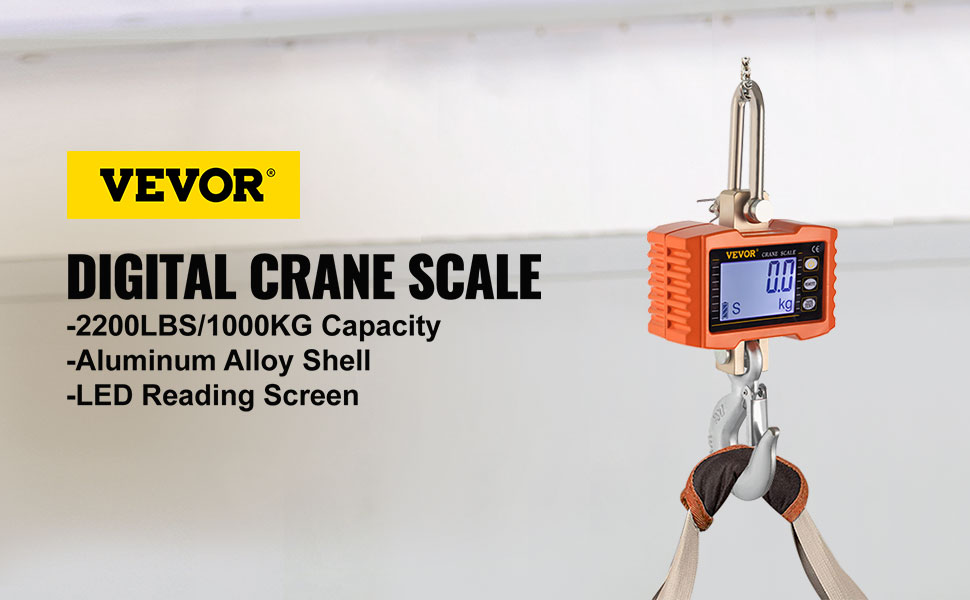 VEVOR crane scale with aluminum alloy shell, 2200lbs/1000kg capacity, and led screen.