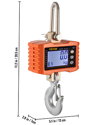 VEVOR crane scale with large led display, hook, and orange casing.