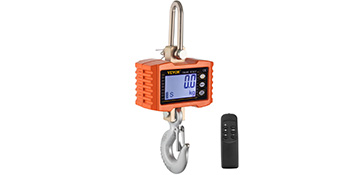 VEVOR crane scale with digital display and remote control in bright orange casing.